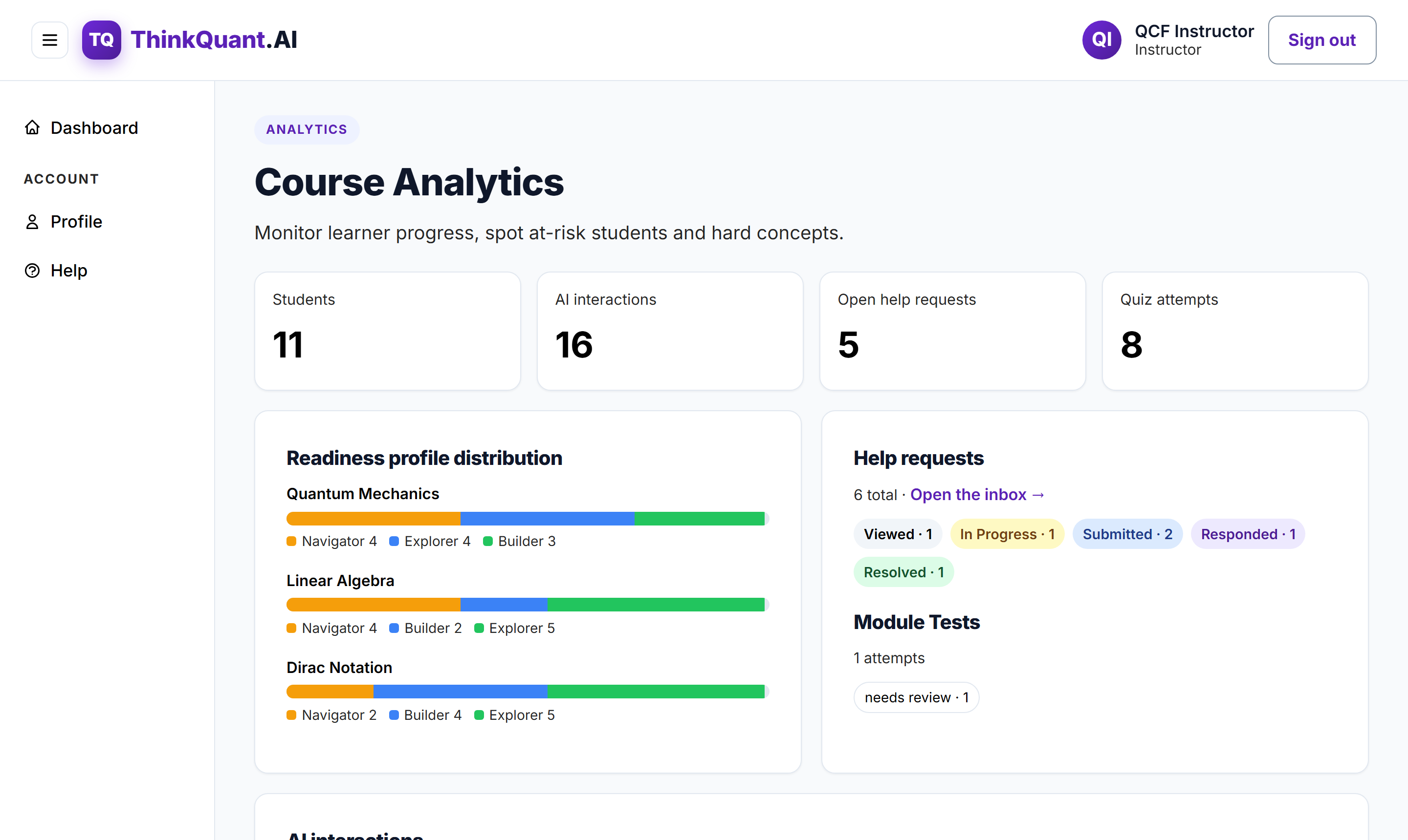 ThinkQuant.AI Course Analytics for instructors: student and AI interaction counts, readiness profile distribution per axis, help request statuses and module test review queue